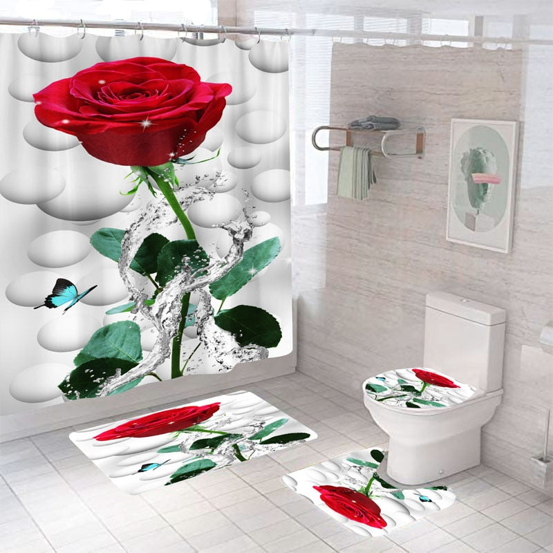 Blooming Flowers Rose Butterfly Shower Curtain Set Waterproof Bathroom Toilet Seat Cover Bath Non-Slip Mat Rug Carpet Bath Decor