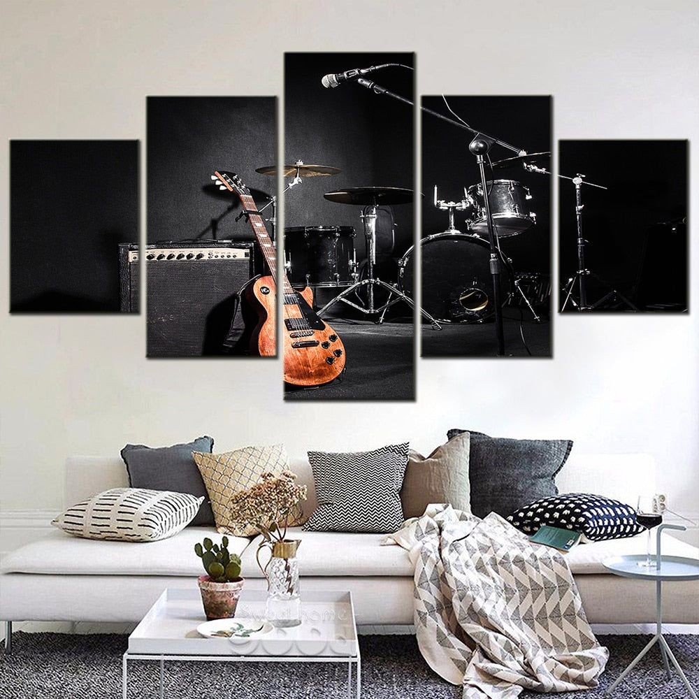 5 Pieces Wall Art Canvas Painting Music Guitar Drum Instruments Poster Home Decoration Modern Living Room Framework Pictures
