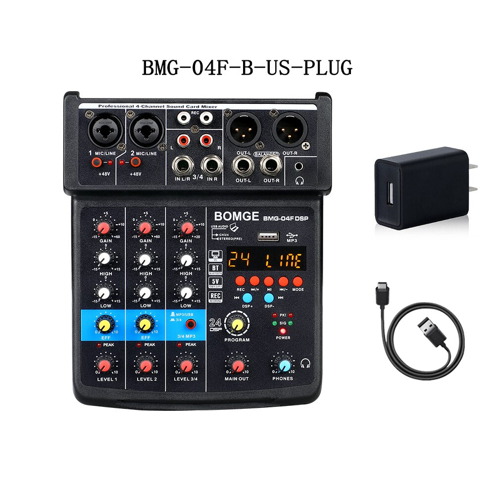 4 Channels Audio Sound Mixer Mixing DJ Console USB with 48V Phantom Power 16 DSP Effects