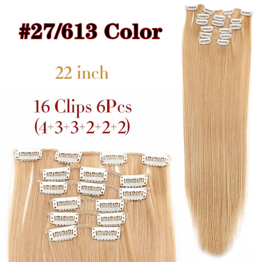Alileader Synthetic Clip On Hair Extension 6Pcs/Set 22inch Straight Hairpiece Curly 16 Clips In Hair Ombre Heat Resistant Fiber