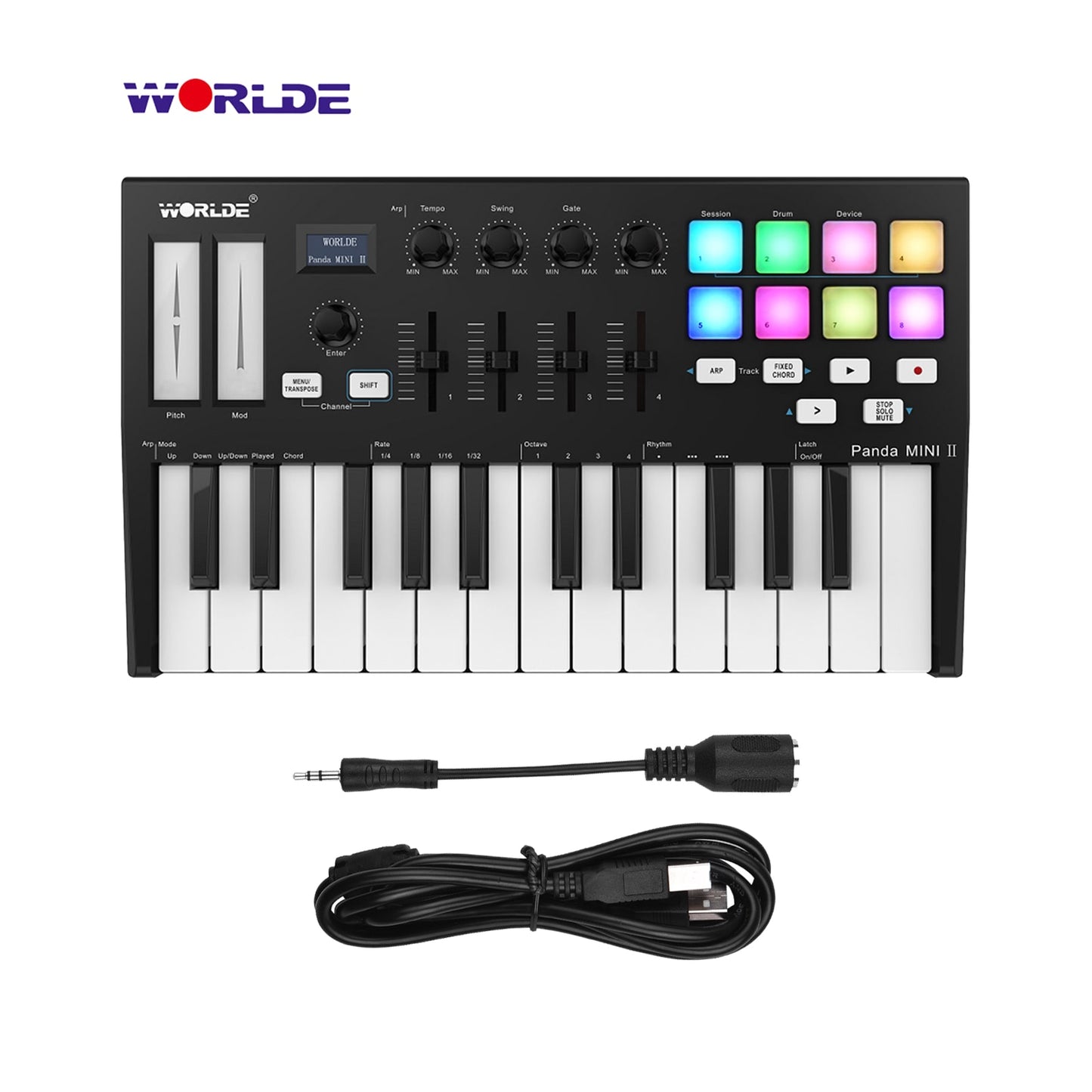 WORLDE Panda MINI II 25-Key USB MIDI Keyboard Controller USB MIDI Controller with 8 RGB Backlit Trigger Pads with RGB backlit