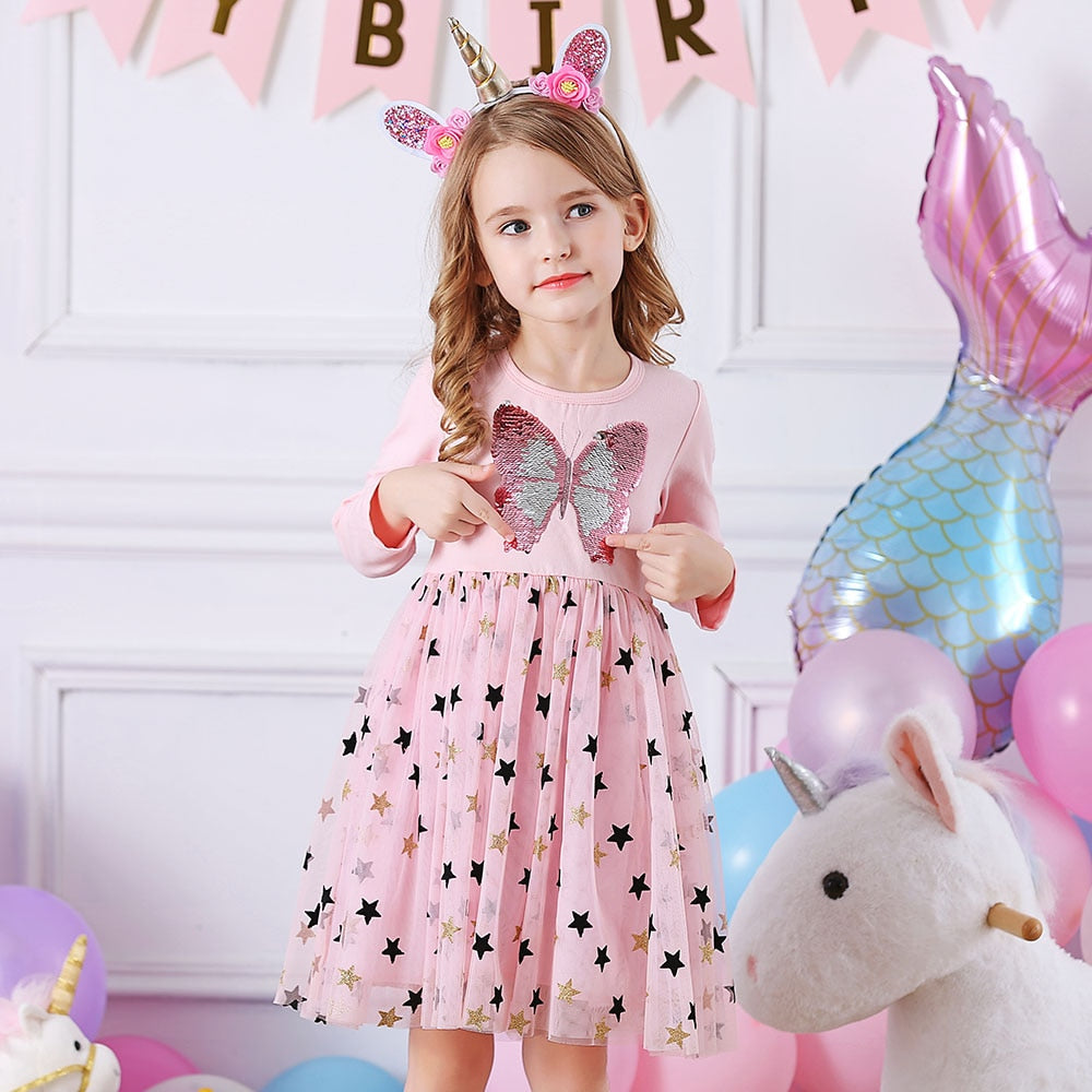 VIKITA Kids Dresses for Girls Long Sleeve Butterfly Girls Snowflake Sequins Costume Princess Dress Kids Daily Clothes