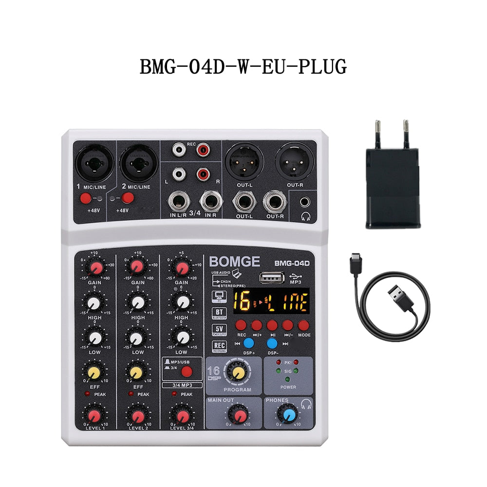 4 Channels Audio Sound Mixer Mixing DJ Console USB with 48V Phantom Power 16 DSP Effects