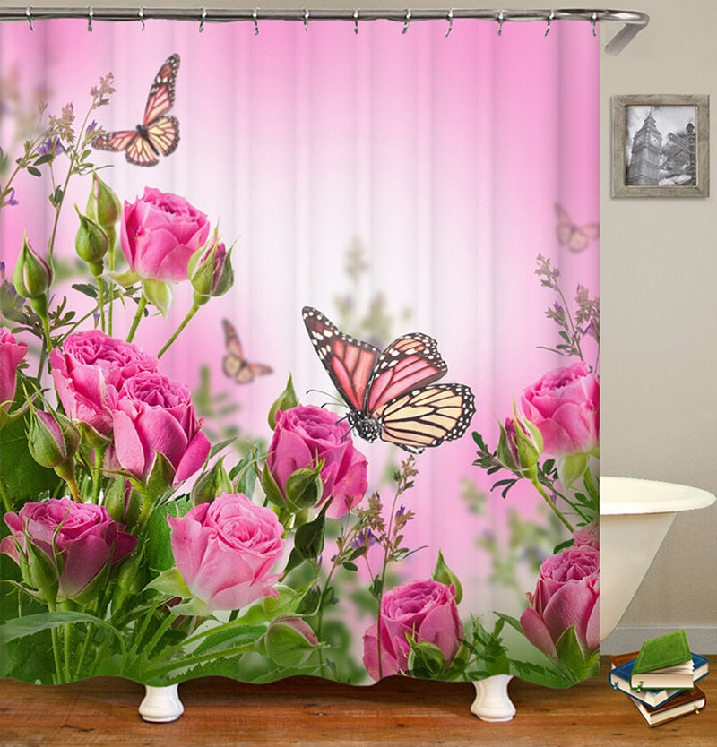 Blooming Flowers Rose Butterfly Shower Curtain Set Waterproof Bathroom Toilet Seat Cover Bath Non-Slip Mat Rug Carpet Bath Decor