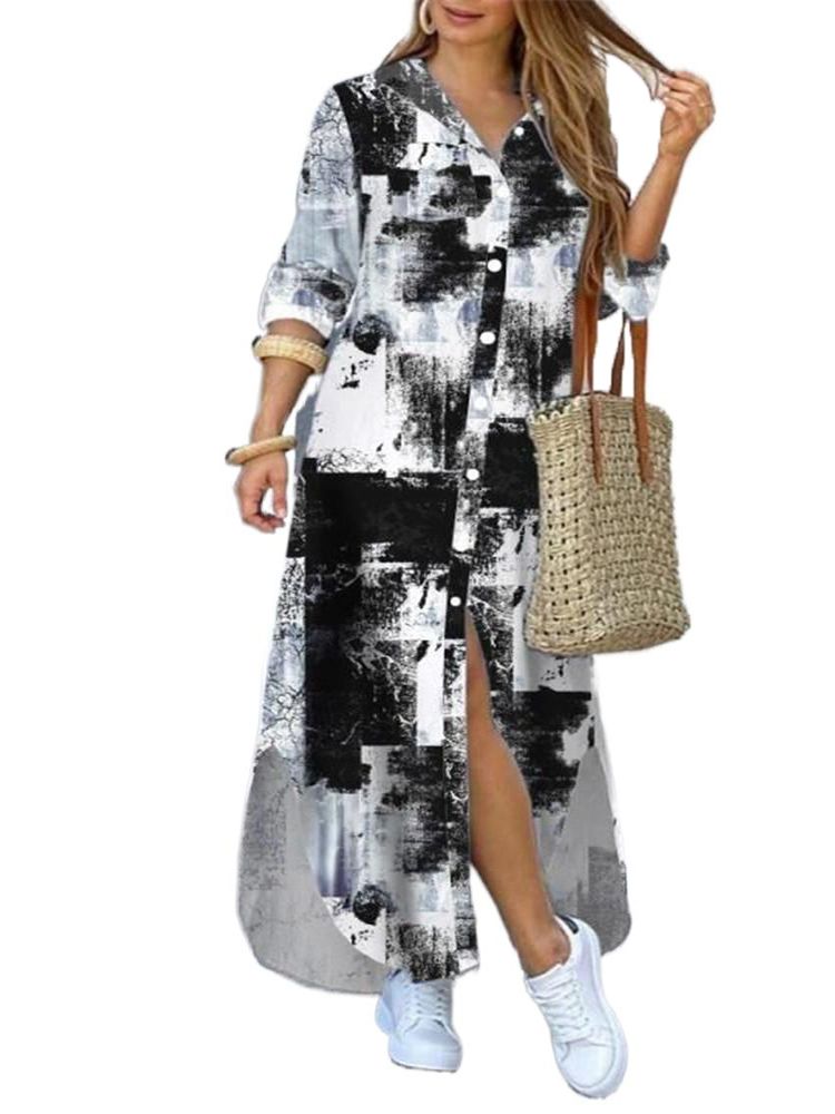 Fashion Camouflage Leopard Letters Floral Printed Dresses For Women 2023 Buttons Long Sleeve Loose Split Casual Solid Maxi Dress