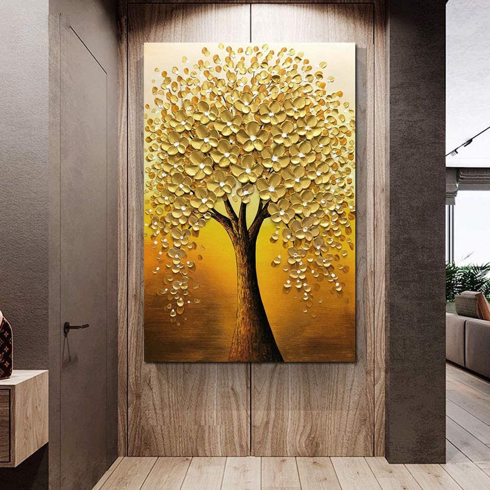 Y Golden flower tree Lucky tree painting canvas oil painting 3D printing on canvas Abstract art wall decoration abstract poster