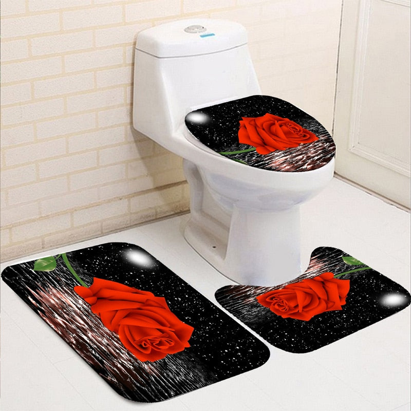 Blooming Flowers Rose Butterfly Shower Curtain Set Waterproof Bathroom Toilet Seat Cover Bath Non-Slip Mat Rug Carpet Bath Decor