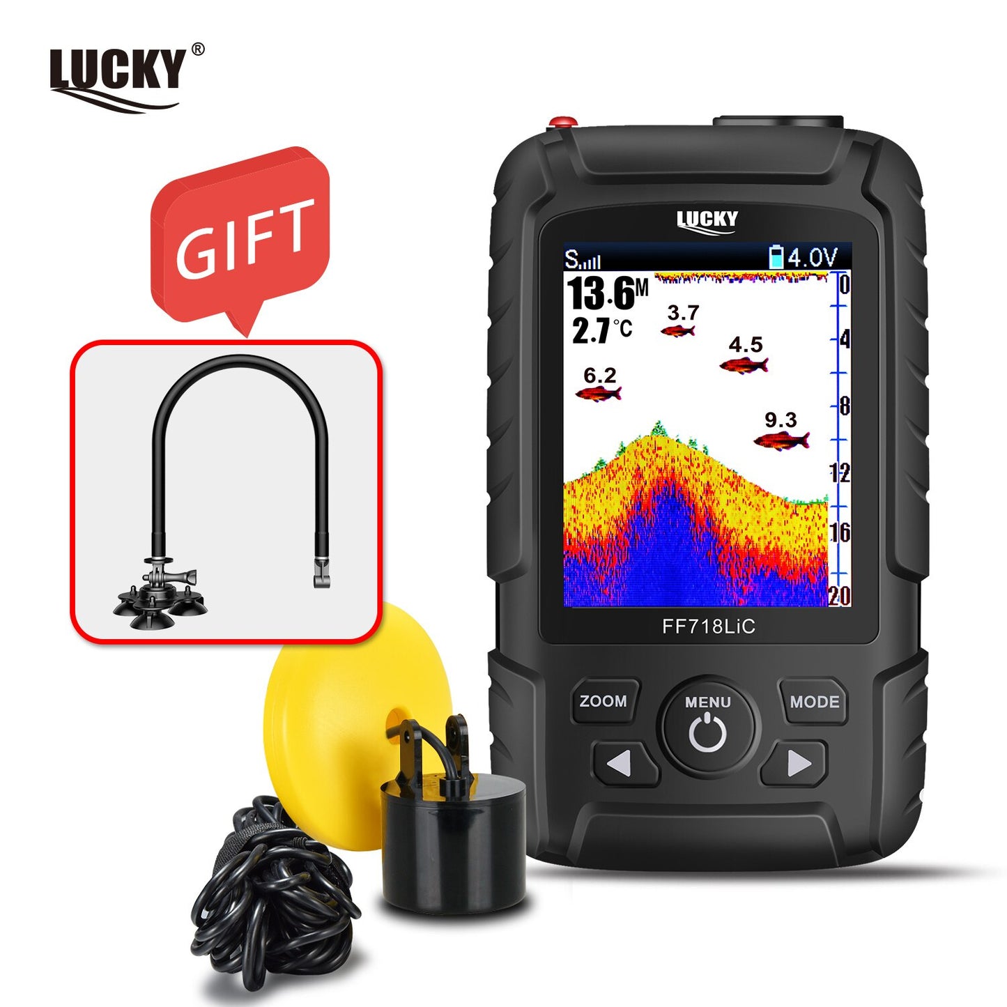 Russian menu!LUCKY FF718LiCD-T 2.8&quot; Color LCD Portable Fish Finder 200KHz/83KHz Dual Sonar Frequency 328ft Detection sonar