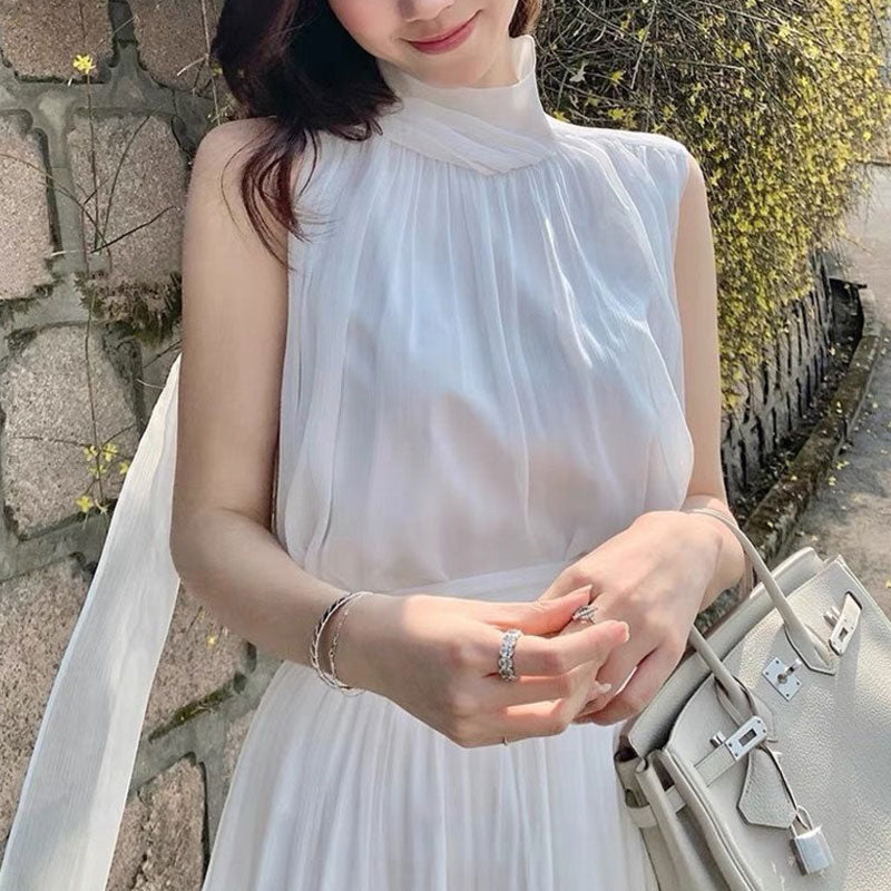 Summer Elegant Women&#39;s Long Dress Gentle High Collar Sleeveless Solid Chiffion Midi Dress Fashion Sexy Korea Sundress Plus Size