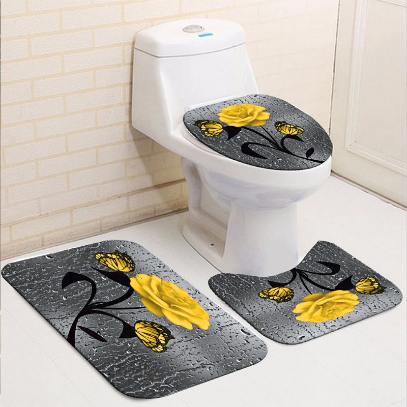 Blooming Flowers Rose Butterfly Shower Curtain Set Waterproof Bathroom Toilet Seat Cover Bath Non-Slip Mat Rug Carpet Bath Decor