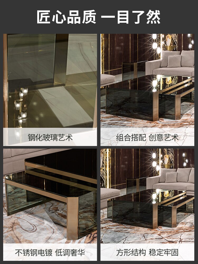 Light luxury Italian tempered glass square tea table size combination stainless steel living room modern simple tea table
