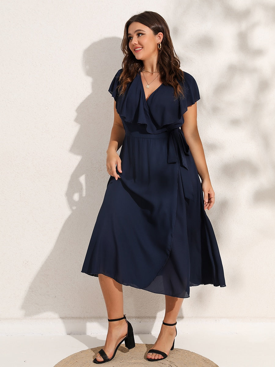 Finjani Party Dresses For Women 2022 Plus Size Summer Midi Dress V-Neck Solid Ruffle Sleeve Belted Wrap Dress