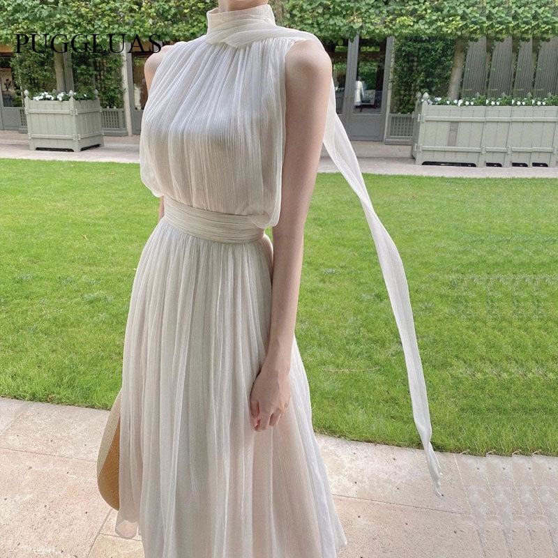 Summer Elegant Women&#39;s Long Dress Gentle High Collar Sleeveless Solid Chiffion Midi Dress Fashion Sexy Korea Sundress Plus Size