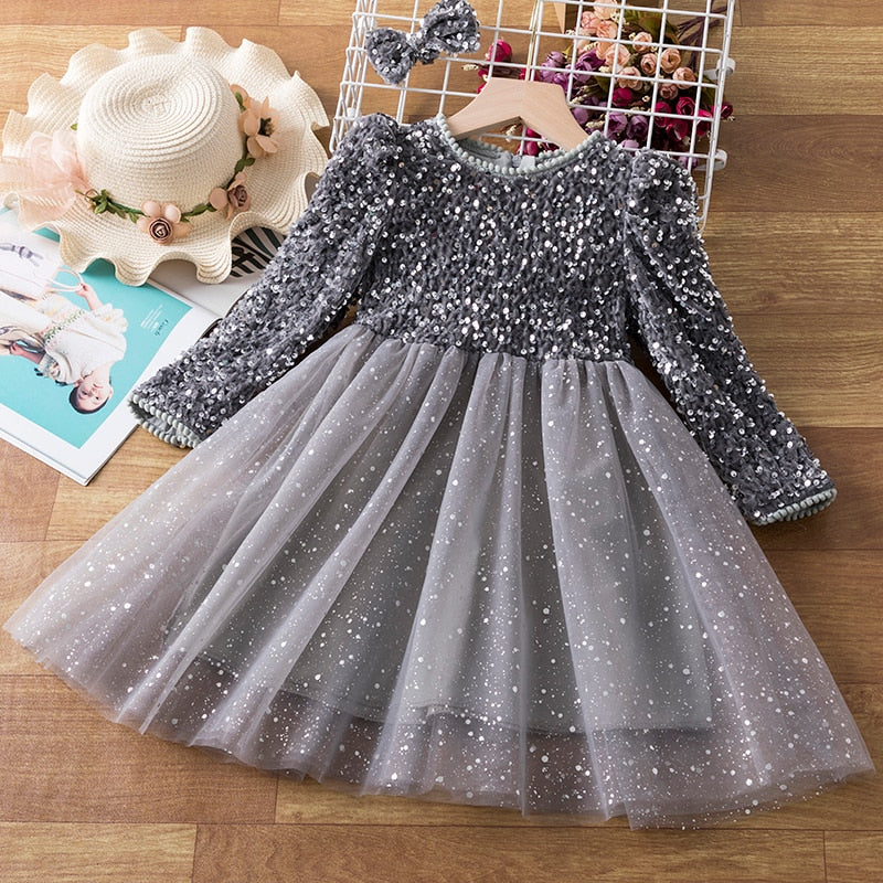 Sequin Girls Princess Party Dresses for 3-8 Yrs Kids Birthday Wedding Evening Prom Gown Spring Fall Long Sleeve Children's Dress