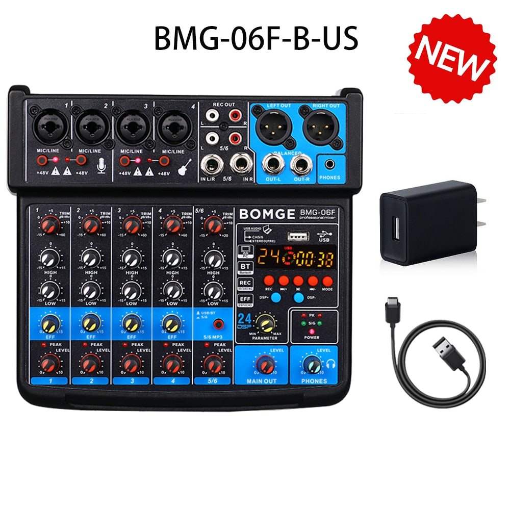 BOMGE Wireless 6 Channel Audio Mixer Portable Mixing Console USB Interface Sound Card With 16 DSP Echo 48V Phantom Power