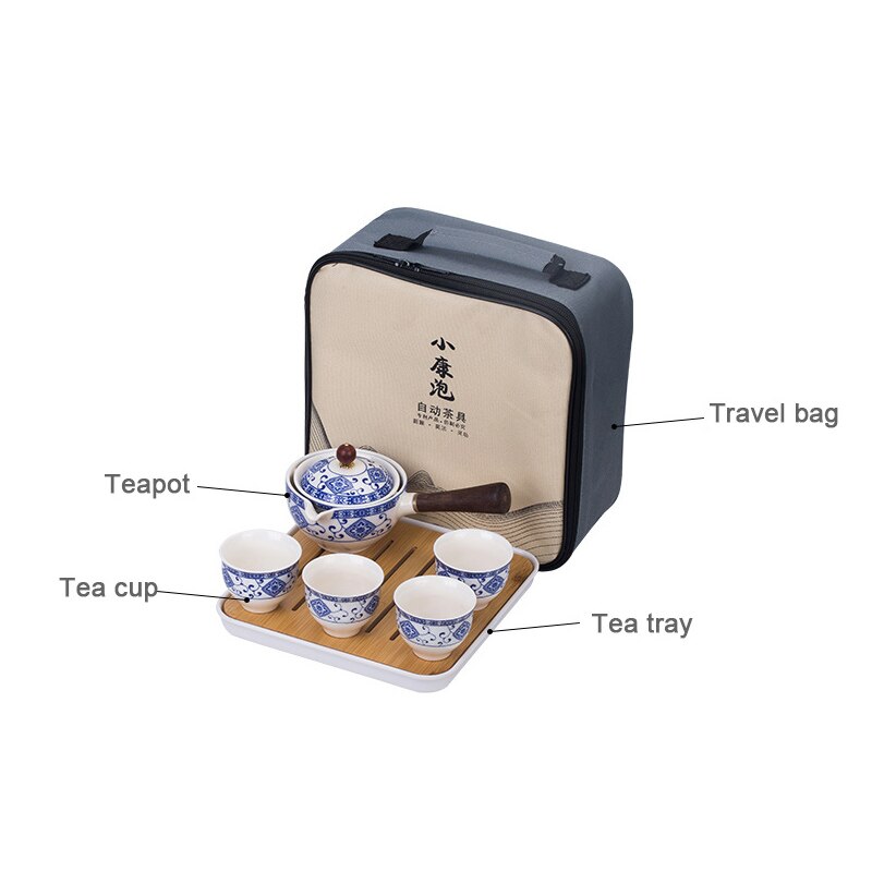 Porcelain Chinese Gongfu Tea Set Portable Teapot Set with 360 Rotation Tea Maker and Infuser Portable All in One Gift Bag