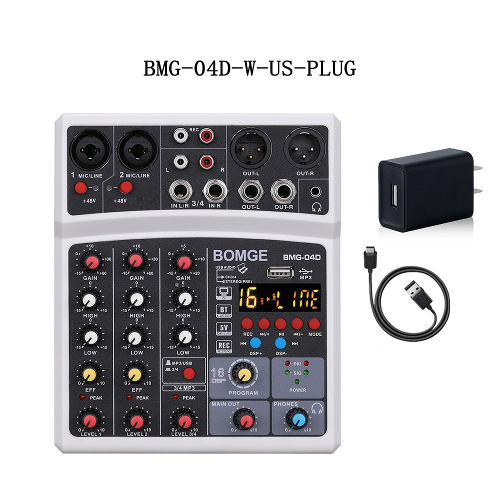 4 Channels Audio Sound Mixer Mixing DJ Console USB with 48V Phantom Power 16 DSP Effects