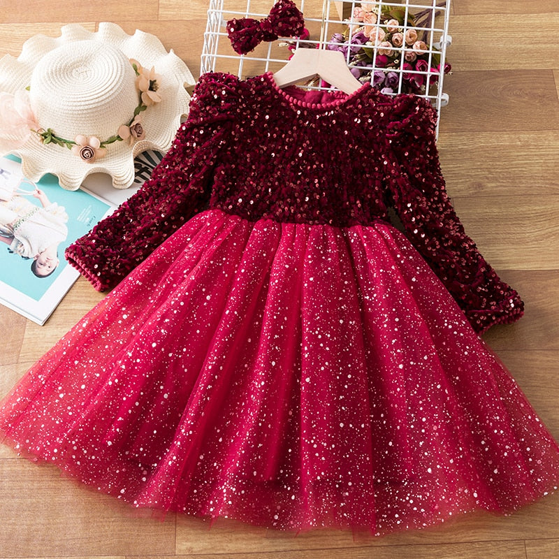 Spring Sequins Dress Kids Clothes Girls Elegant Formal Ball Gown For Girls Child Party Prom Dress Tulle Tutu Princess Dress 3-8Y