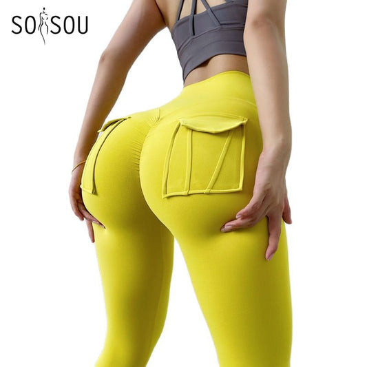 SOISOU Nylon Leggings Women&#39;s Pants Sport Yoga Pants Sexy Tight High Waist Elastic Women&#39;s Panties Pocket legging mujer