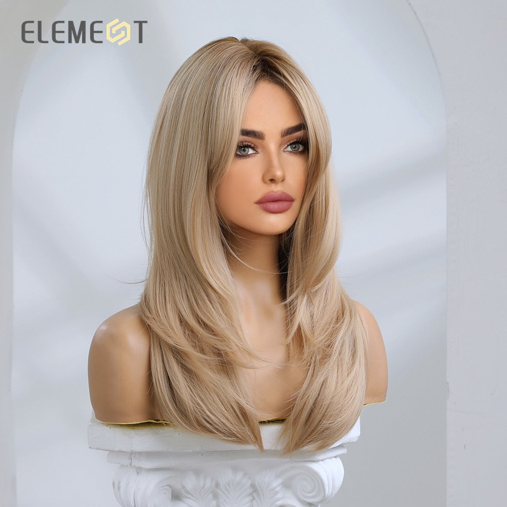 Element Synthetic Fiber Wigs for Women Long Straight Wavy Brown Blonde Wig with Bangs Heat Resistant Fashion Natural Daily Party