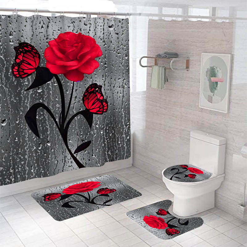 Blooming Flowers Rose Butterfly Shower Curtain Set Waterproof Bathroom Toilet Seat Cover Bath Non-Slip Mat Rug Carpet Bath Decor