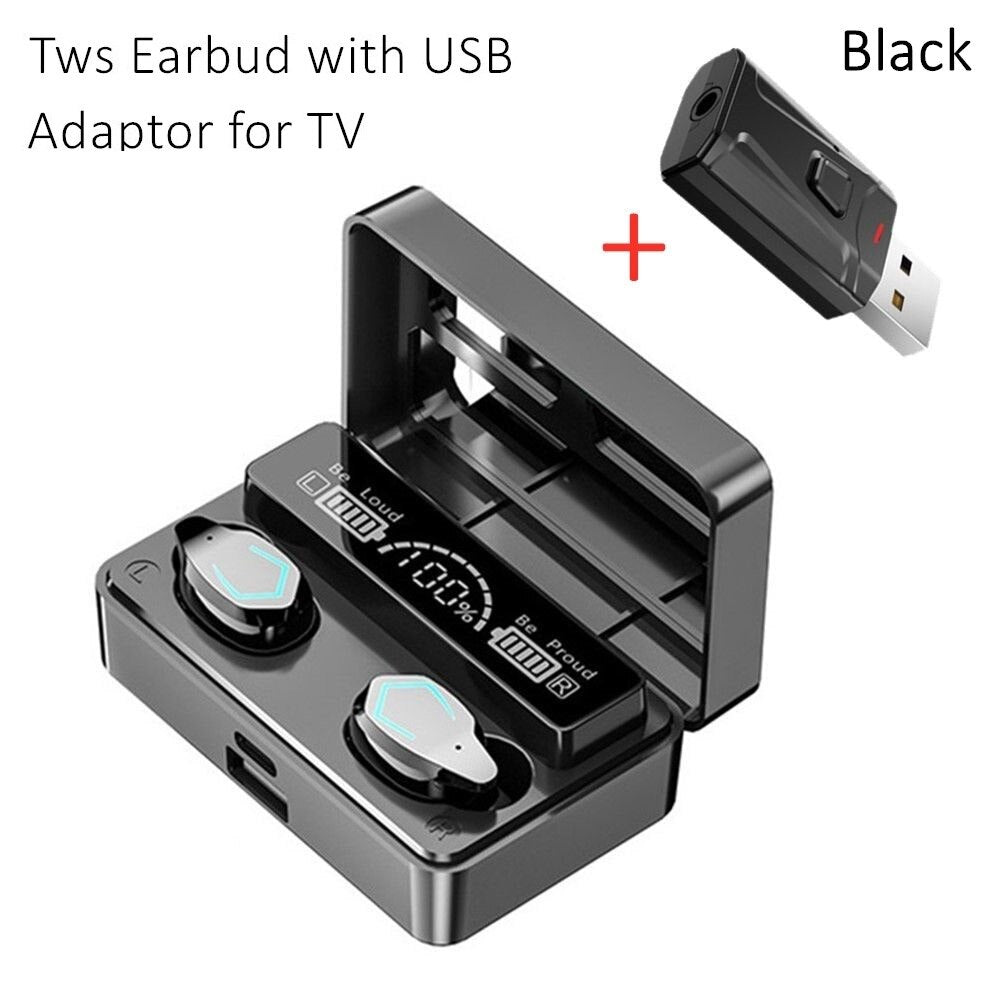 Wireless Tv Earbud Tws Bluetooth Headset with USB Adaptor 9D Stereo Earphone CVC Noise Cancelling 3000mA Charging Box Mic for TV