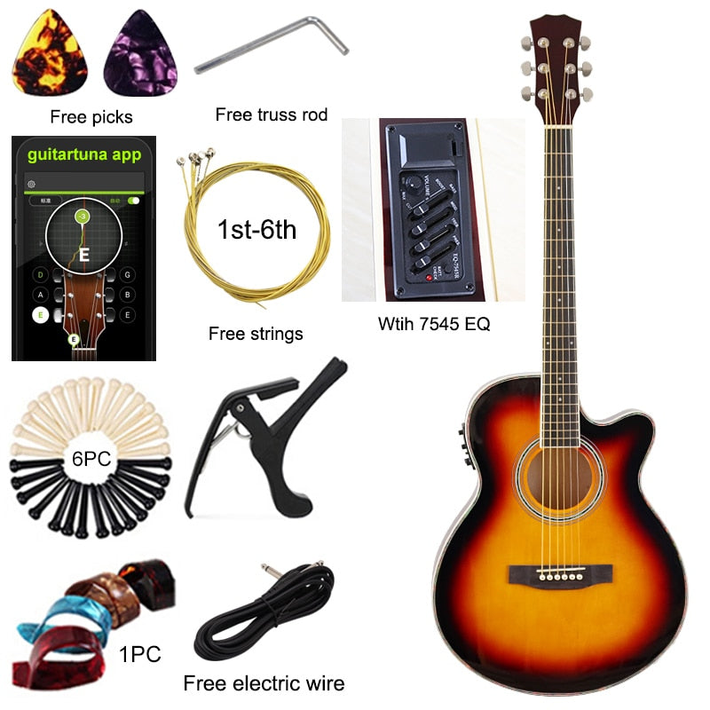 Thin Body Acoustic Electric Guitar Beginner Guitar with Free Gig Bag Free String Black Natural Sunburst White Color