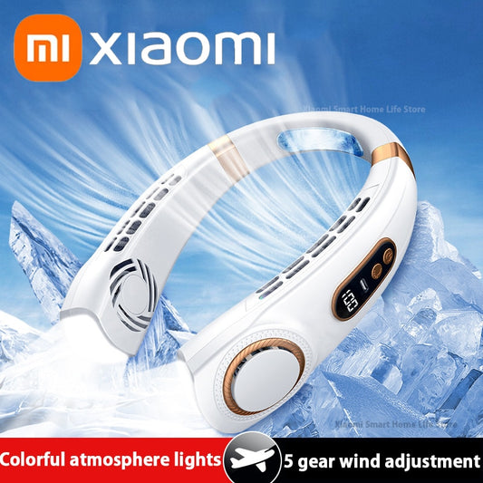 Xiaomi Portable Neck Fan USB Handheld Mute LED Digital Display Leafless Mini Electric Fan Colorful Atmosphere Lights 5th Gear