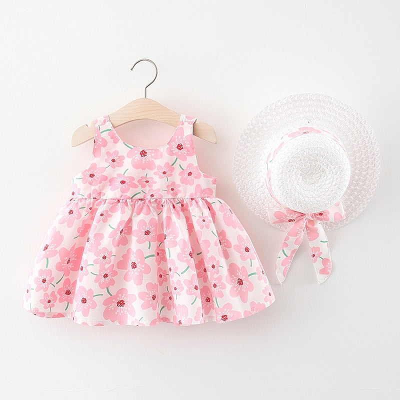 2Piece Summer Clothes Baby Girl Beach Dresses Casual Fashion Print Cute Bow Flower Princess Dress+Hat Newborn Clothing Set BC171
