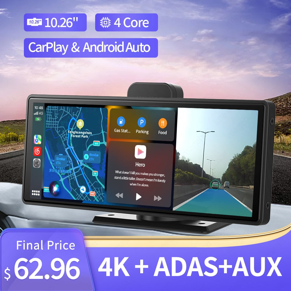 10.26&quot; 4K Dash Cam ADAS Wireless CarPlay Android Auto 5G WiFi Car DVR GPS Rearview Camera Video Recorder Navigation Dashboard