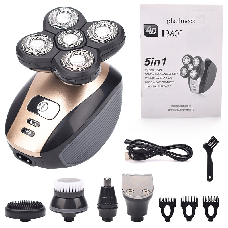 5 In 1 4D Men&#39;s Rechargeable Bald Head Electric Shaver 5 Floating Heads Beard Nose Ear Hair Trimmer Razor Clipper Facial Brush