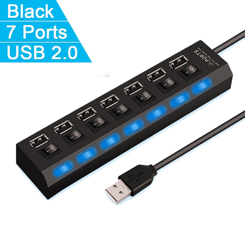High Speed 4/7 Ports USB HUB 2.0 Adapter Expander Multi USB Splitter Multiple Extender with LED Lamp Switch for PC Laptop